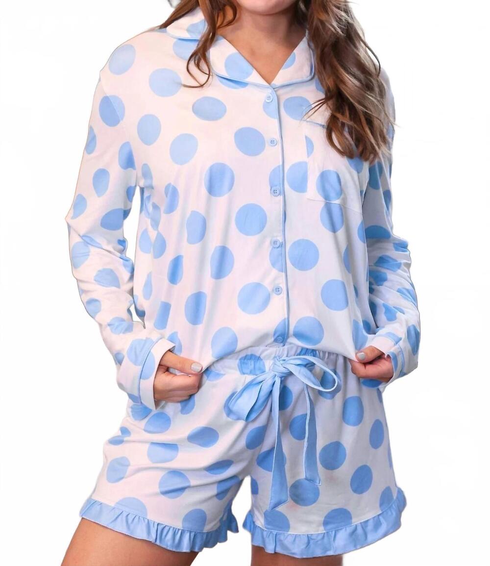 NEW JESS LEA dotty darling polka dot ruffle pajama set in white/light blue